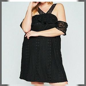 Black Cutout Shoulder Ruffle Shift Dress ( Plus)